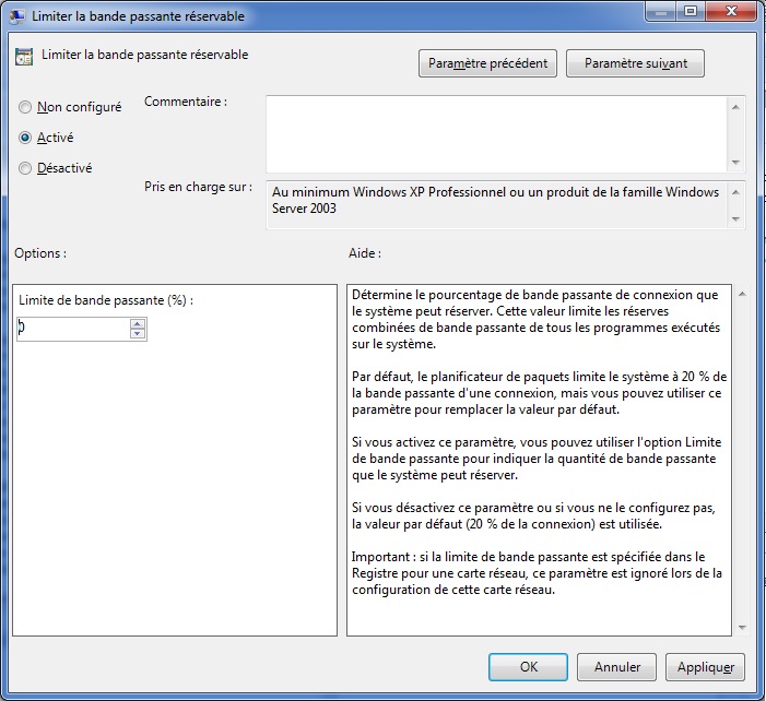 Limiter la bande passante réservable